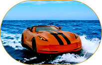 Orange sports car floating on ocean waves